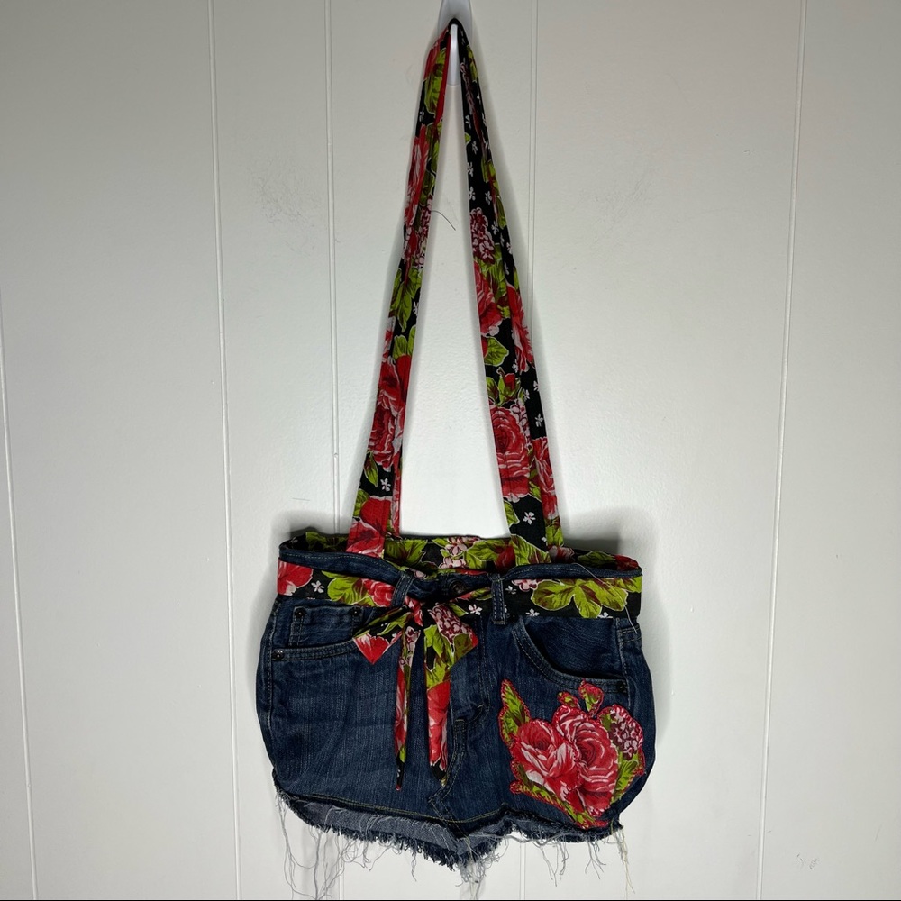 Jean Floral Bag Handmade Open as a Tote